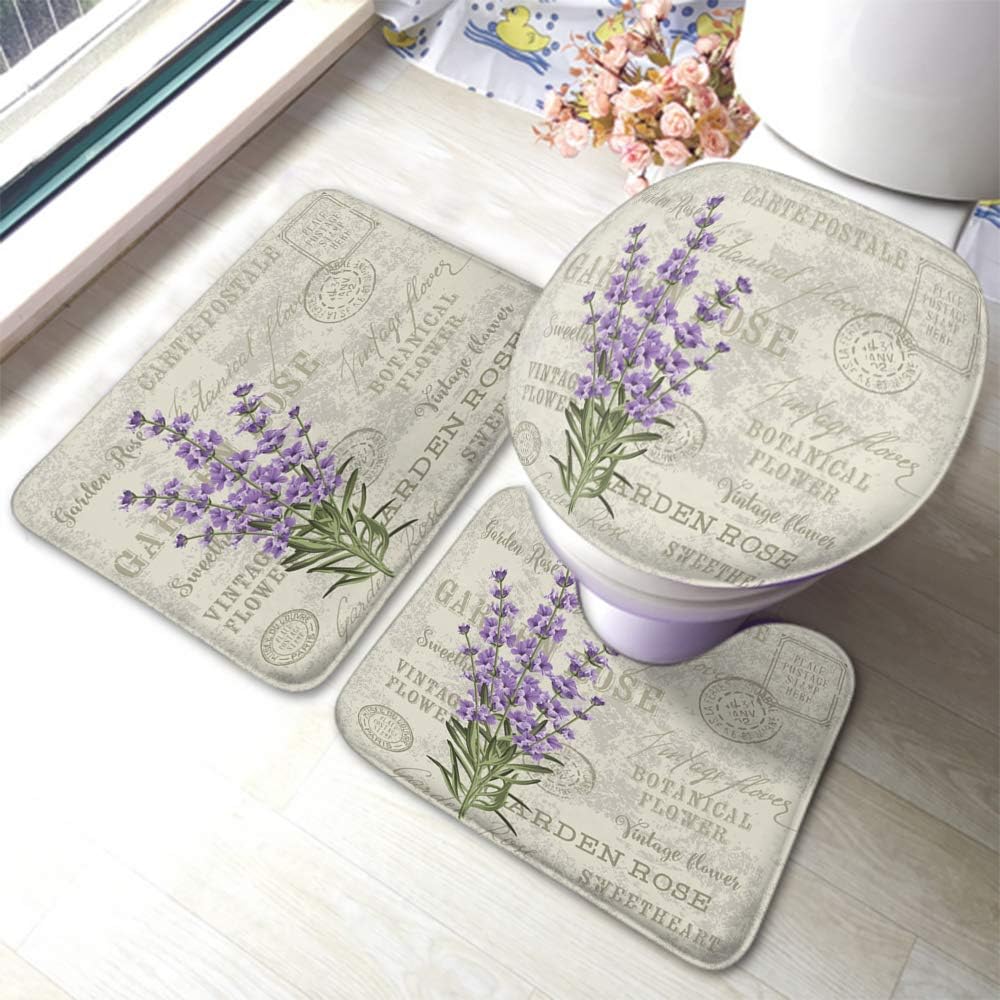 Moslion Lavender Bath Mat Violet Floral Leaves On Vintage