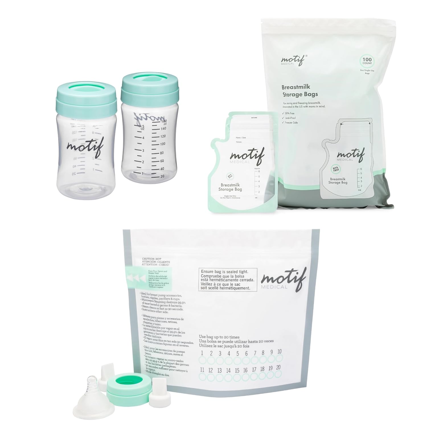 Motif Medical Breast Milk Storage & Steaming Bundle - Milk Storage Bottles for The Luna Breast Pump, Microwave Steaming Bags, & 100 Milk Storage Bags