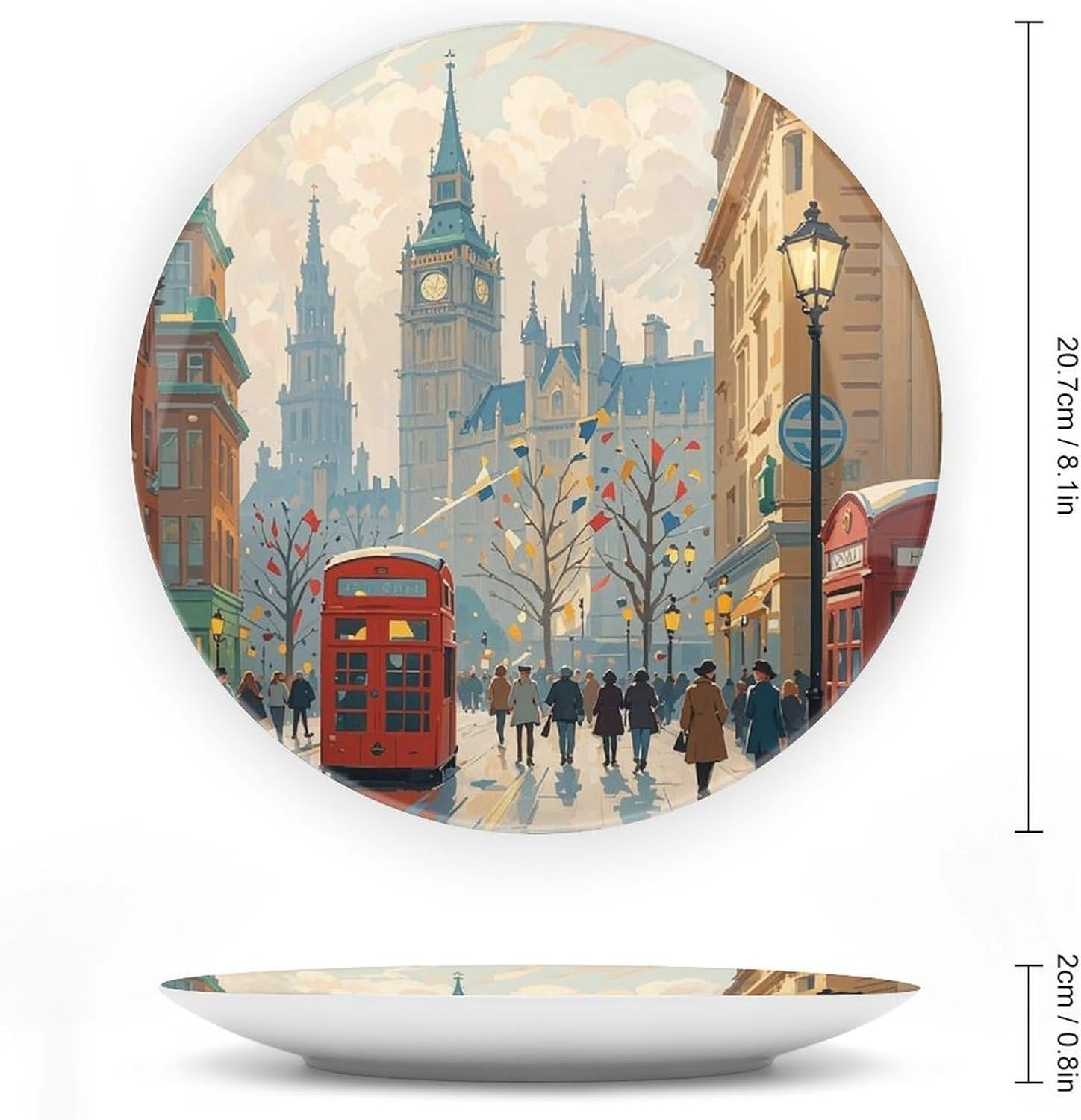 London Impression Ceramic Decorative Plate for Home, Bone China Plates | Chinese Style Decorative Dish with Stand, Dinner Plates Art Crafts for Wall Decor, Collections Plate with Hook 8inch