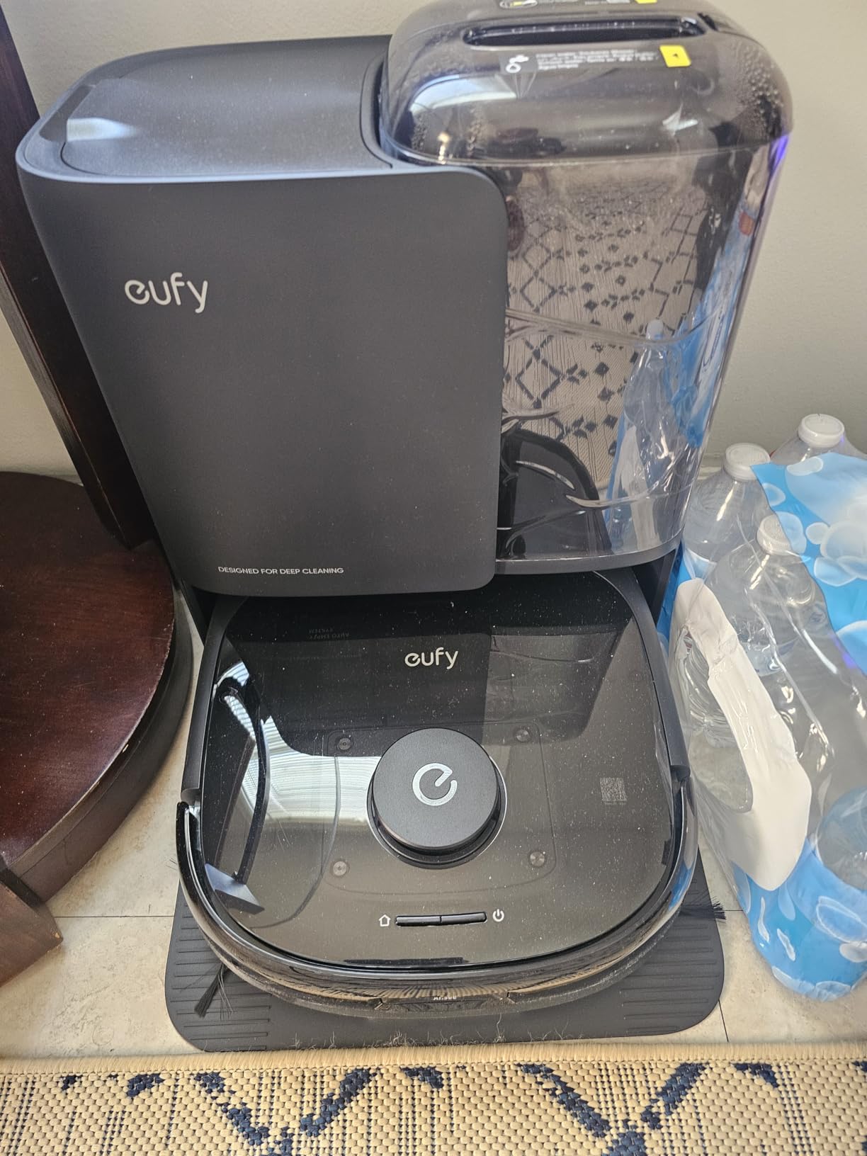 eufy E25 utilizing 20,000Pa turbo suction on a living room carpet with a dog