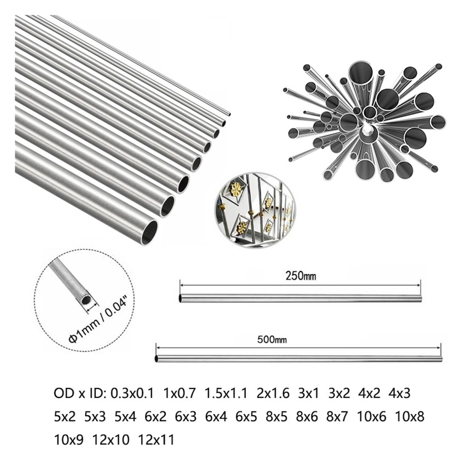 Kupferrohr, Kapillarrohr aus Edelstahl 304, Außendurchmesser 1/1,5/2/3/5/6/8/10/12 mm, gerade Länge 250/500(1.5x1.1x500mm 10pcs)