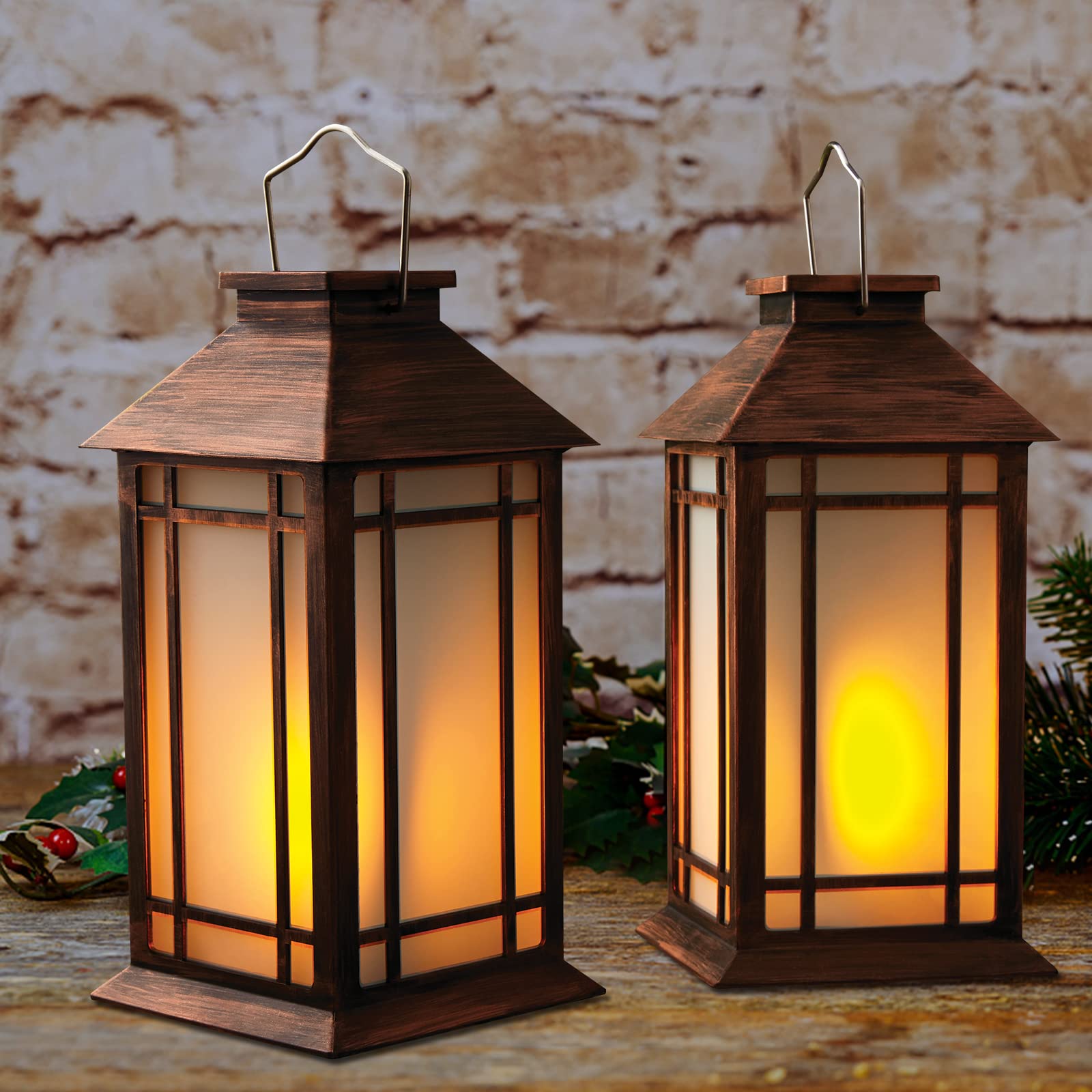Paquete de 2 faroles de vela vintage de 13 pulgadas con vela LED sin llama (temporizador de 6 horas), impermeable IP65, funciona con pilas, faroles colgantes para patio al aire libre, faroles 9