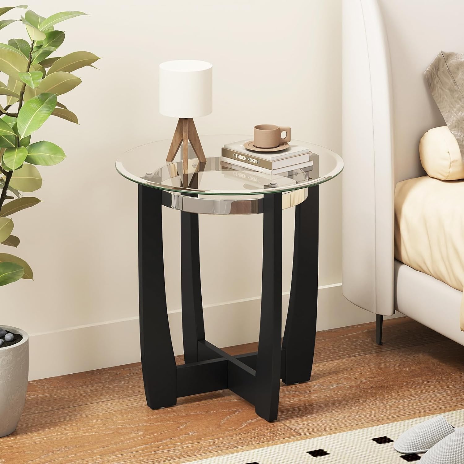 Giantex Round Glass End Table - 24’’ Side Table with Tempered Glass Top, Nightstand with Cross & Solid Rubber Wood Base, Compact Bedside Night Stand for Bedroom Office Living Room (1, Black)