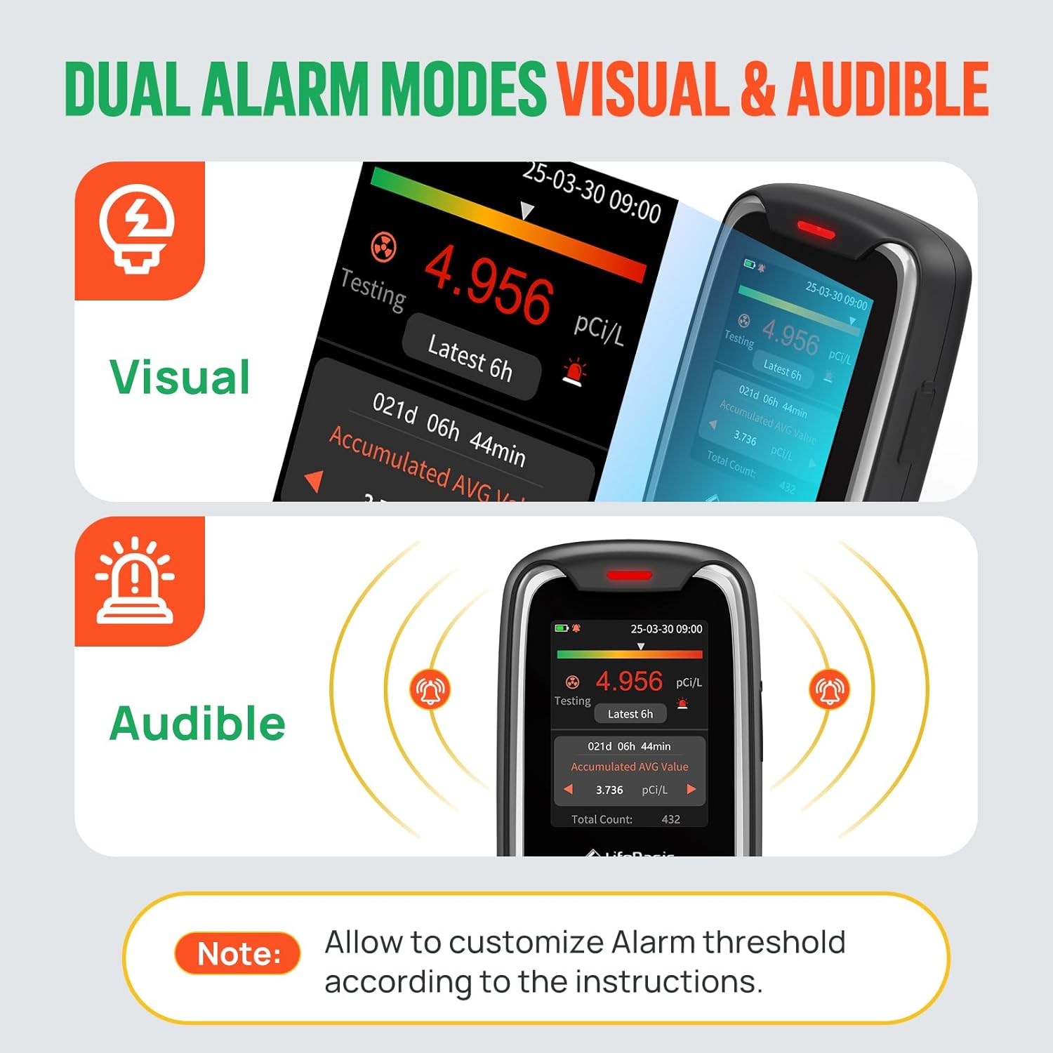 LifeBasis Radon Detector with TFT Color Display First Data Display in 6 Hours, Portable Radon Monitor for Home Rechargeable Radon Tester Long Data Storage with Visual and Audible Alarm pCi/L or Bq/m³ - Image 4