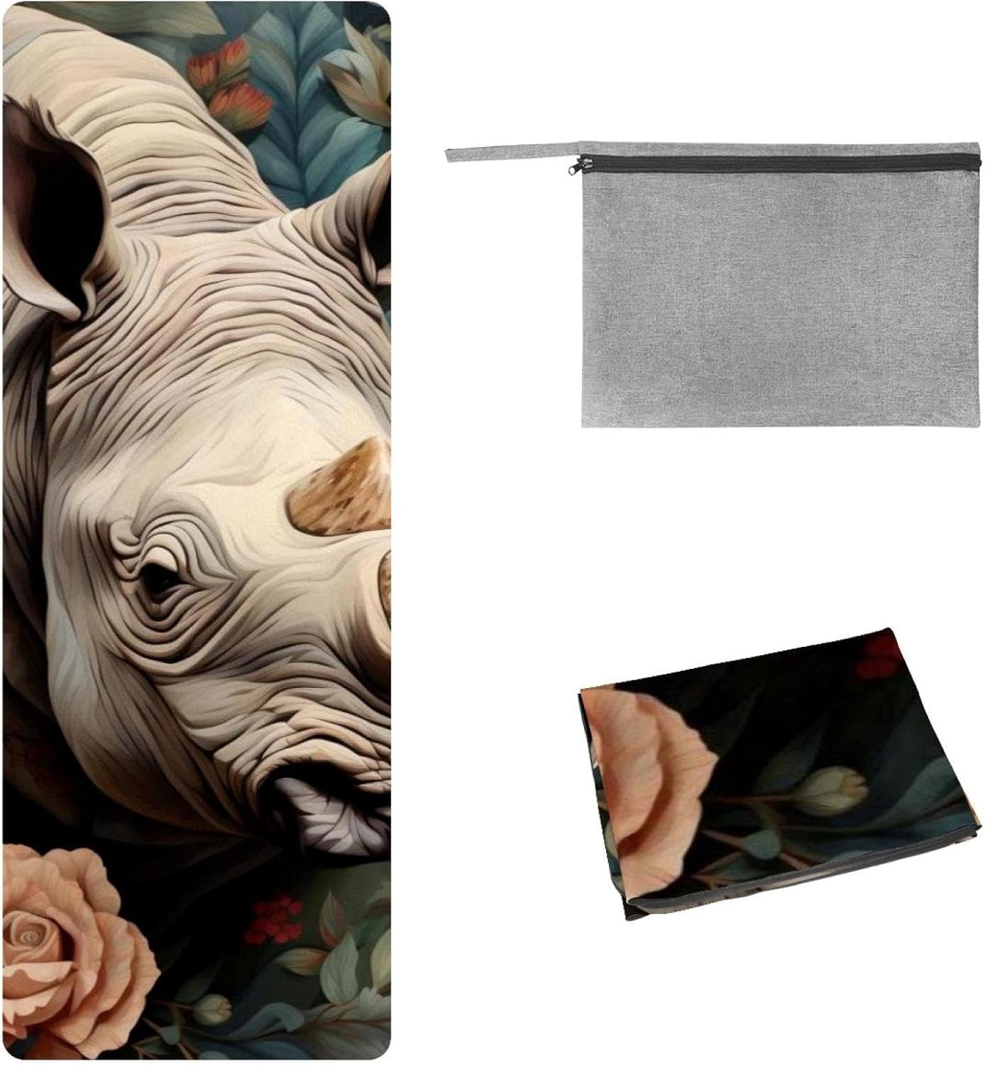Yoga Towel, Rhino Animal Print Non Slip Sweat Absorbent Hot Yoga Mat Towel for Hot Yoga, Pilates and Fitness - 72.8" x 26.8"
