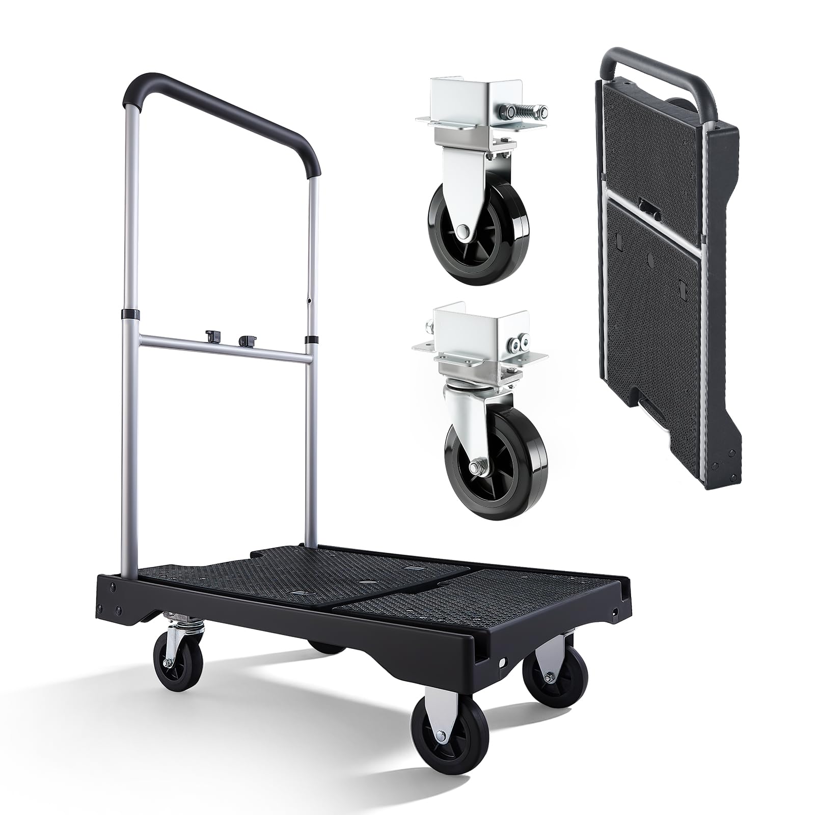 VEVOR Plattformwagen Klappbar 150kg, Transportwagen mit Lenkrolle, Handwagen mit Rutschfester Ladefläche & Verstellbarem Griff, Klappwagen Transporthilfe, 680x495x1150 mm Rollwagen für Lager