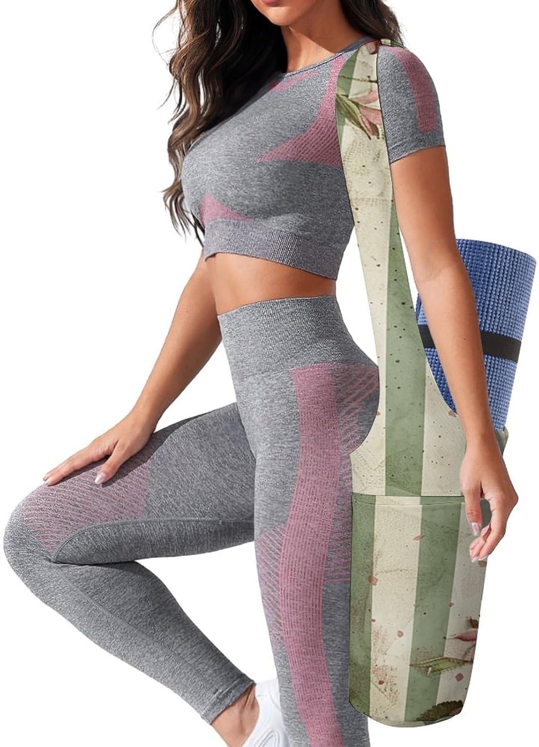 Canvas Yoga Bag,Roses And Green Plants Printed Yoga Mat Handbag,Portable Yoga Mat Bag Large Capacity Gym Bag for Men Women Pilates Beach Travel