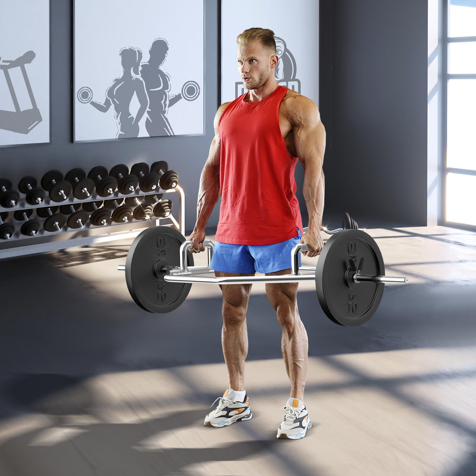 GOPLUS Barra Hexagonal para Sentadillas y Peso Muerto con Carga de 363 kg | Barra Z de Musculación con Mango Plegable, Moleteado y Cierre de Muelle, Plateado