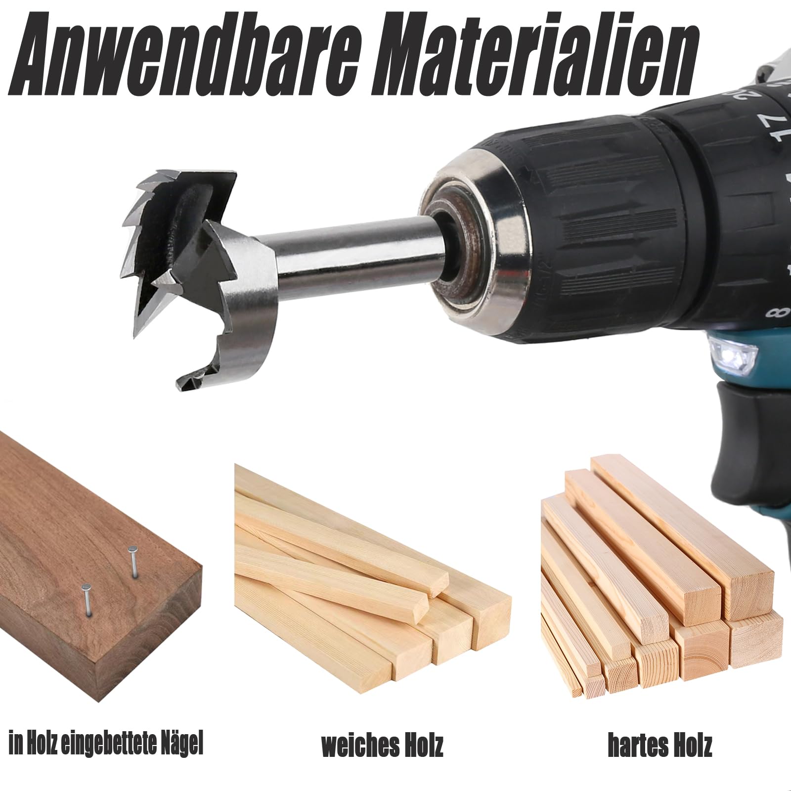 Set di 12 punte Forstner, 10 – 50 mm, per legno a denti molti, in acciaio con alto contenuto di carbonio con gambo rotondo, fresa per legno massiccio, MDF, plastica, truciolato, compensato