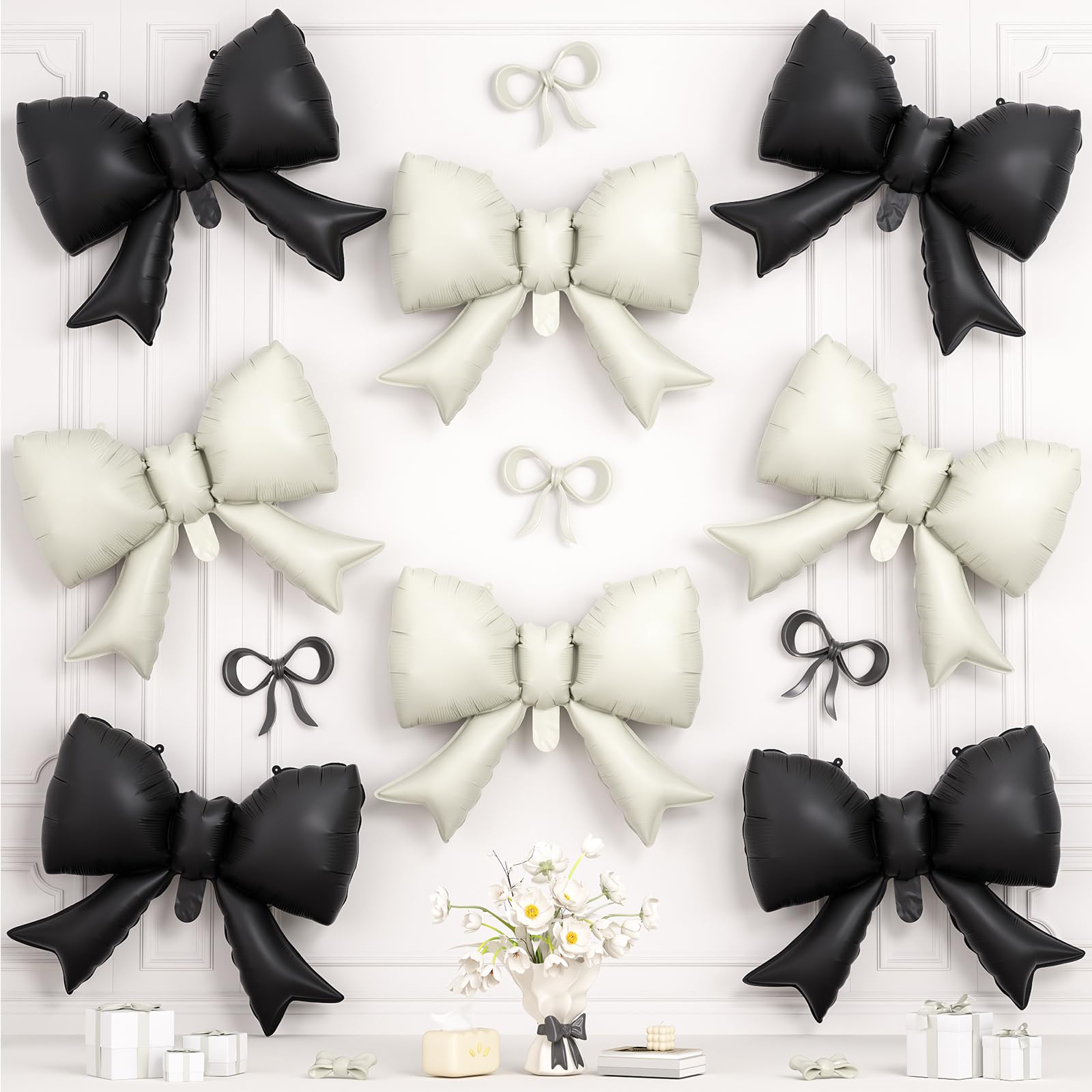 Black White Bow Foil Balloons,8Pcs 21Inch Bow Shaped Balloons