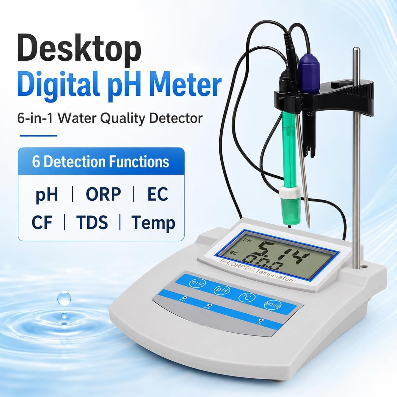 Kit de pH-mètre de paillasse 6-en-1 avec affichage numérique – Testeur de qualité de l'eau (pH, EC, ORP, TDS, CF, Temp.) avec compensation automatique de température (ATC) – Idéal pour laboratoires