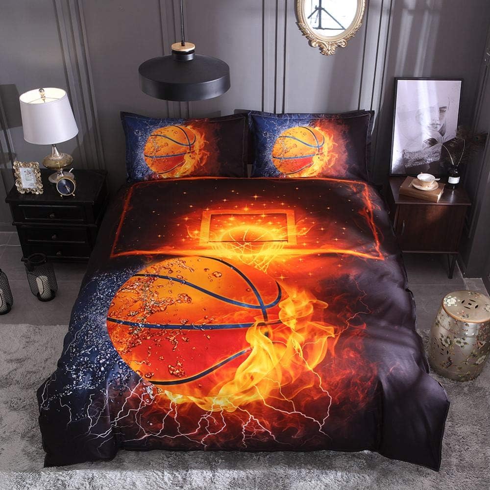 Dthome 3D Basketballs Duvet Cover Set for Boys 2Pcs Printed Sports Kids Bedding Set for Teens(Comforter not Included)-1pcs Duvet Cover+1pcs Pillowcase,Twin