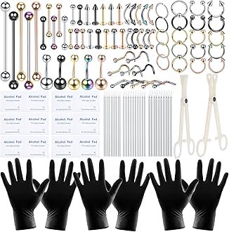 120PCS Body Piercing Kit Surgical Steel 14G 16G 20G BCR CBR Labret Lip Rings Cartilage Daith Earrings Nose Septum Nose Studs Belly Button Rings Piercing Jewelry Needles Gloves Clamps Tools