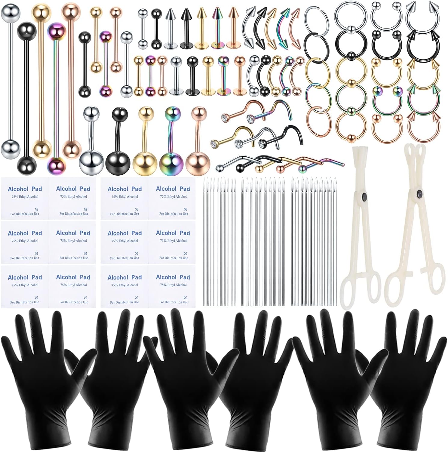 120PCS Body Piercing Kit Surgical Steel 14G 16G 20G BCR CBR Labret Lip Rings Cartilage Daith Earrings Nose Septum Nose Studs Belly Button Rings Piercing Jewelry Needles Gloves Clamps Tools