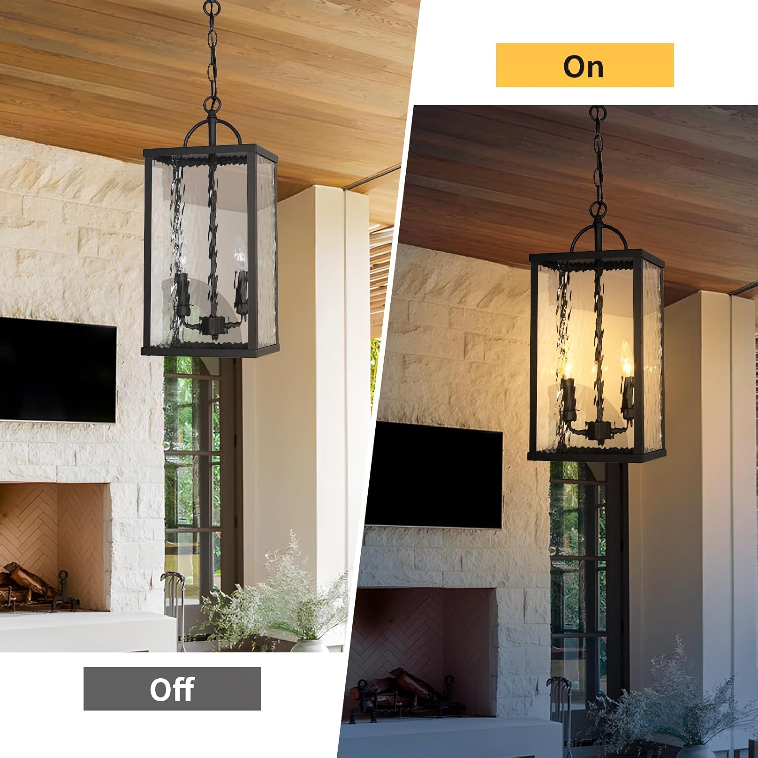 Outdoor Pendant Light, Modern Black Hanging Lantern with Water Ripple Glass, Adjustable Chandelier Exterior Hanging Light Fixture for Front Porch, Patio, Gazebo, Entryway, and Garage