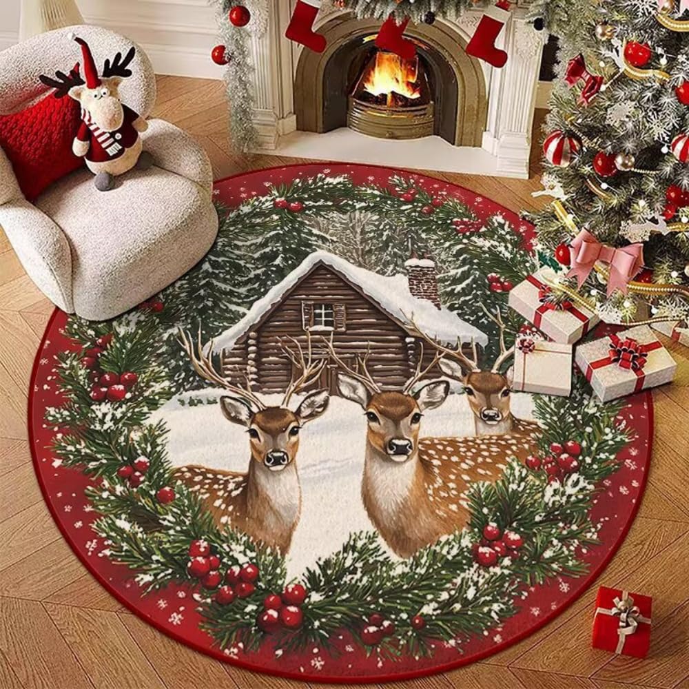 Odot Tapis Rond de Noël, Motif élan, Bonhommes, Lavable Rug de Salon, Chambre à Coucher, Ambiance Festive,Tapis Chambre, Couverture de Chevet Père Noël (Cerf Sika 7,160CM)