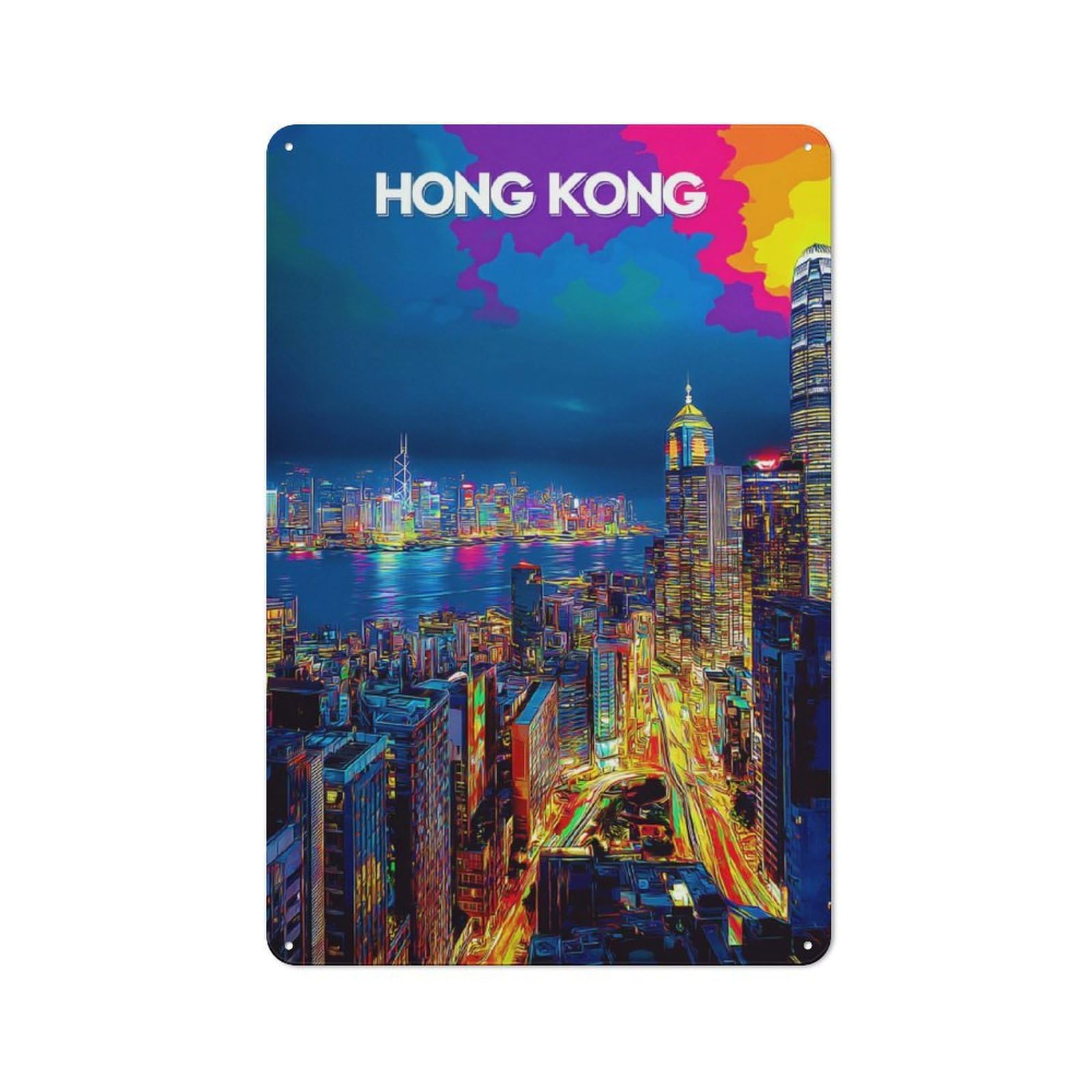 Junmoney Colorful Hong Kong Skyline -2 Tin Wall Plaque 30X20cm With For Café Or Restaurant, Suited To Restaurant Decor Fans