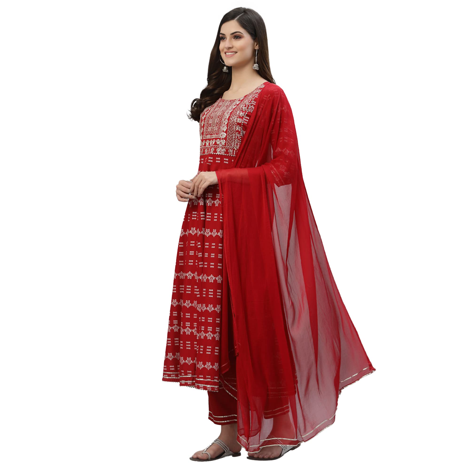 Stylum Women's Printed & Embroidered Rayon Anarkali Kurta Pant Dupatta Set (Kpdredchamki36_Red, S)