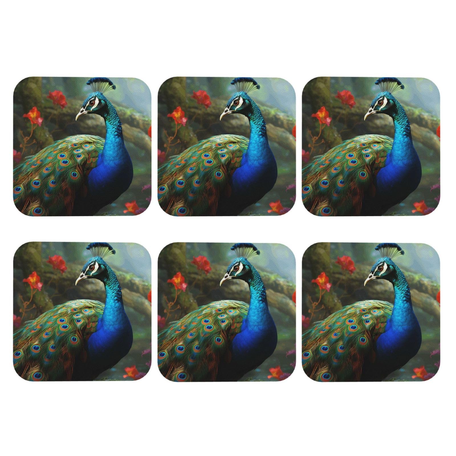 6pcs Leather Coasters for Drinks, Colorful Peacock Drink Coasters for Tabletop Protection, 4" Cup Coasters for Coffee Table Decor, Non-Slip Drinking Cup Mat for Hot Or Cold Drink
