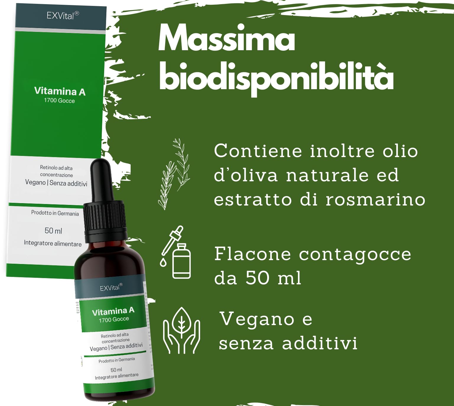 Vitamina A in gocce di EXVital – 5000 UI (1500 µg) per dose giornaliera, 50 ml = 1700 gocce, testata in laboratorio, retinolo ad alto dosaggio – vegana – vitamina A liquida