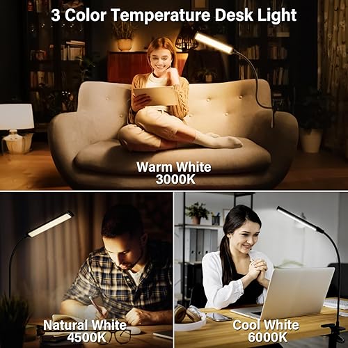 Miniatura 5 de Luz de escritorio con abrazadera, luces de clip para oficina en casa, lámpara de lectura LED con 3 modos de color, 10 brillo, brazo oscilante