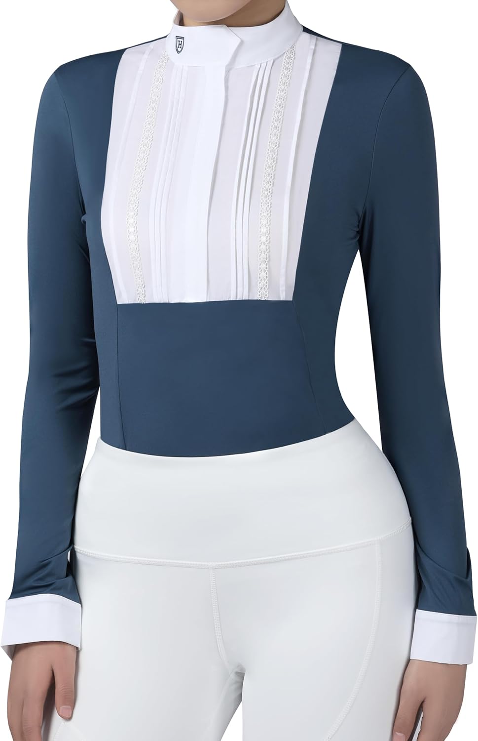 Harrison Howard Pleated Bib Rider Top Horse Riding Shirt Long Sleeve Riding Show Shirt with Lace Trims