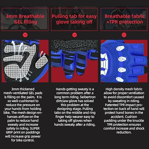 Miniatura 9 de Seibertron Dirtclaw Youth BMX MX ATV MTB Road Racing Mountain Bike Bicicleta Ciclismo Off-RoadDirt Bike Gel Acolchado Antideslizante Guantes sin