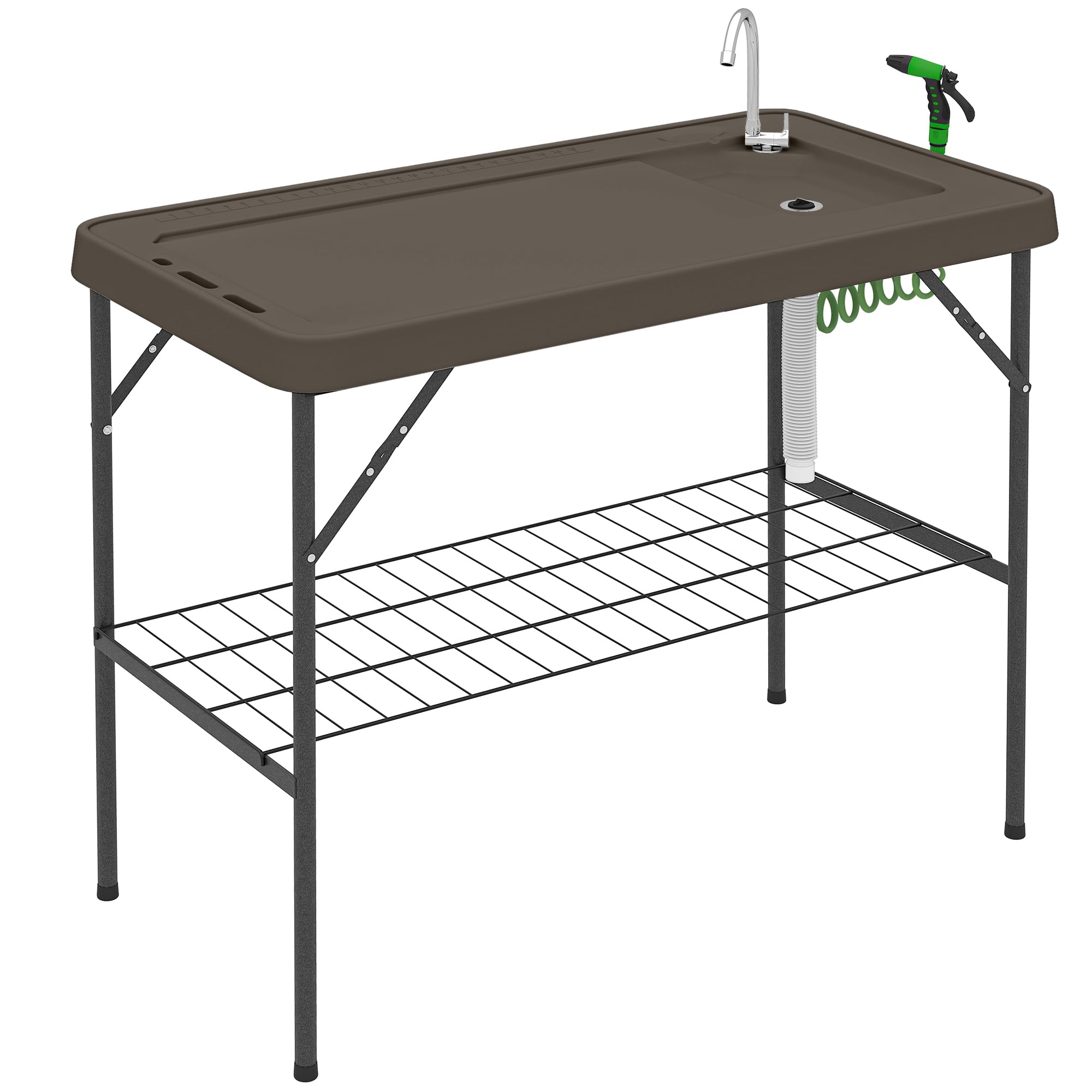 Outsunny Folding Fish Cleaning Table, Portable Camping Sink Station with Faucet, Drainage Hose, Sprayer, Grid Rack and Knife Groove, Outdoor Fillet