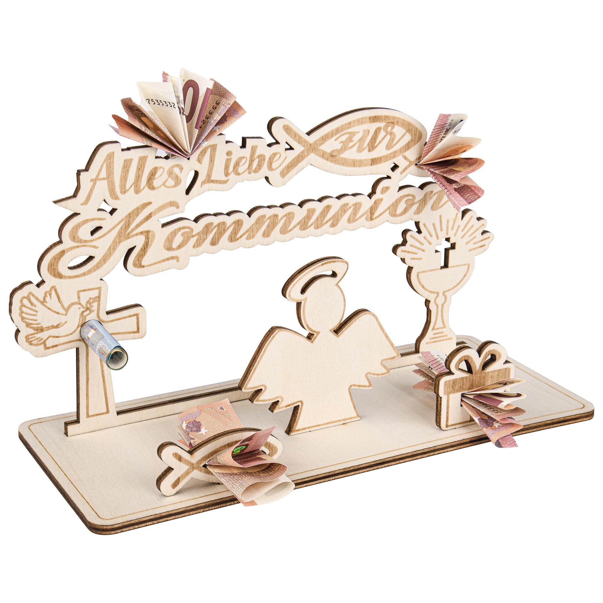MINISONA Holz Schutzengel Geldgeschenk zur Kommunion – personalisierbare Geschenkidee für Mädchen und Jungen, kreative Tischdeko zum Festtag (Engel)
