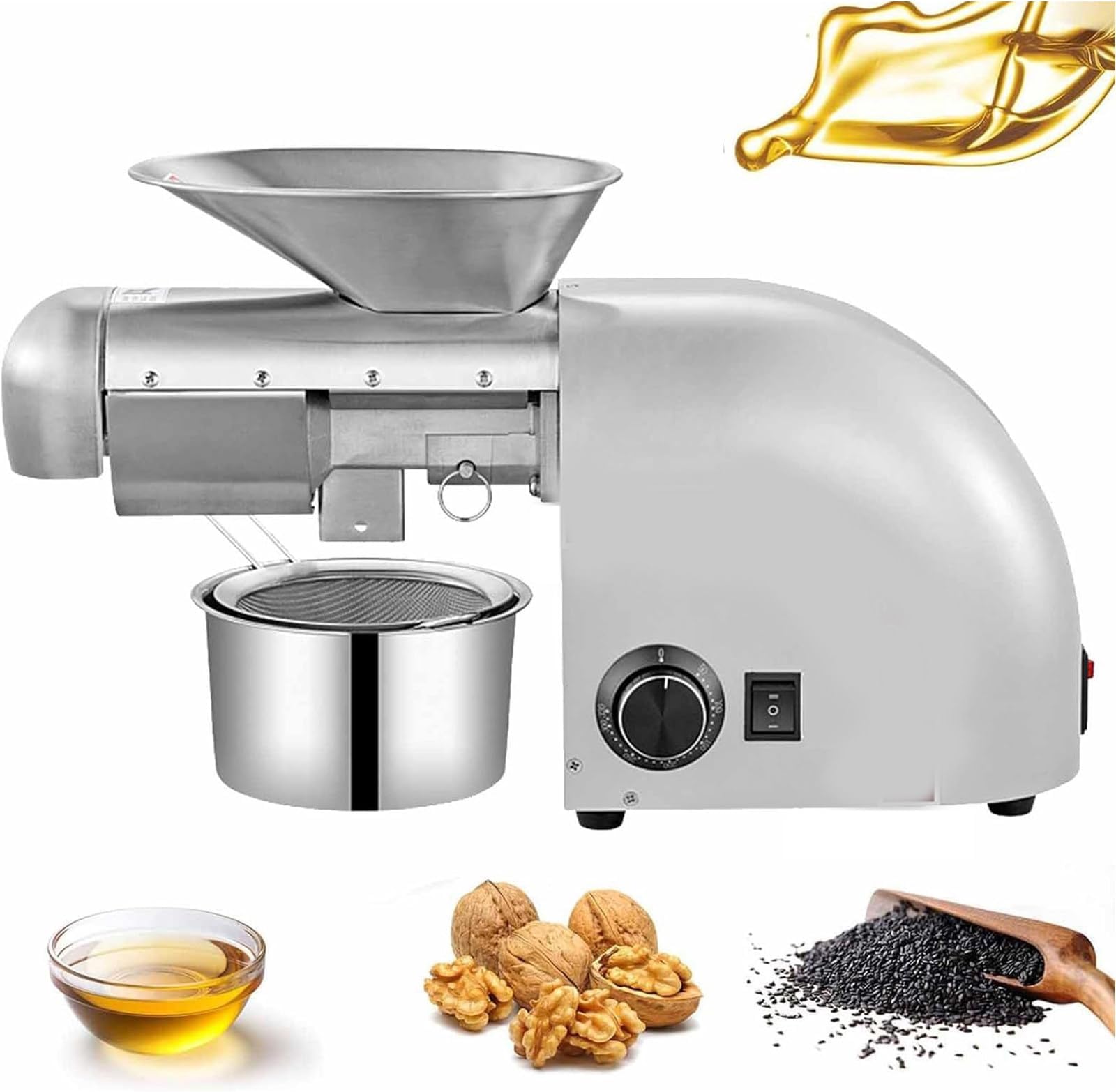Automatic Oil Press Machine Cold/Hot Nut Oil Extractor Stainless Steel Oil Presser Expeller Temperature Control 24-Hour Continuous Press and Heat Dissipation for Peanut Hemp Sesame (Silver)