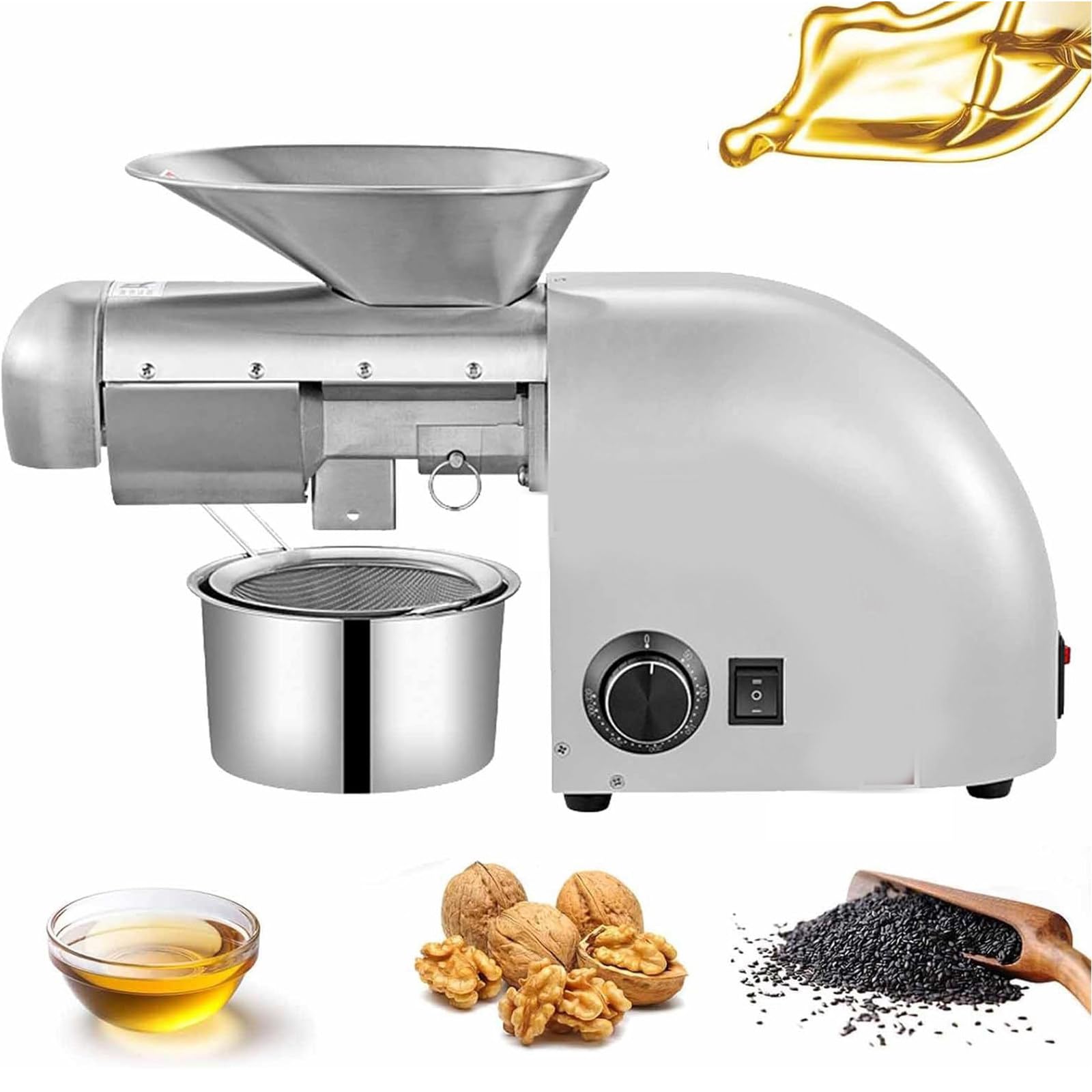 Automatic Oil Press Machine Cold/Hot Nut Oil Extractor Stainless Steel Oil Presser Expeller Temperature Control 24-Hour Continuous Press and Heat Dissipation for Peanut Hemp Sesame (Silver)