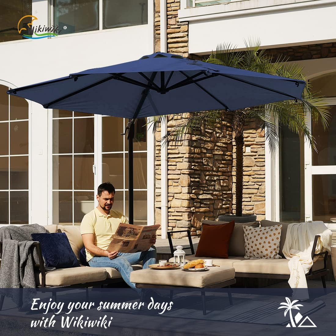 Wikiwiki M Series Aluminum 10 FT Patio Cantilever Umbrella Outdoor Offset Umbrella Market Hanging Umbrellas with 360 degree Rotation, Integrated Infinite Tilting System & Cross Base (Navy Blue)
