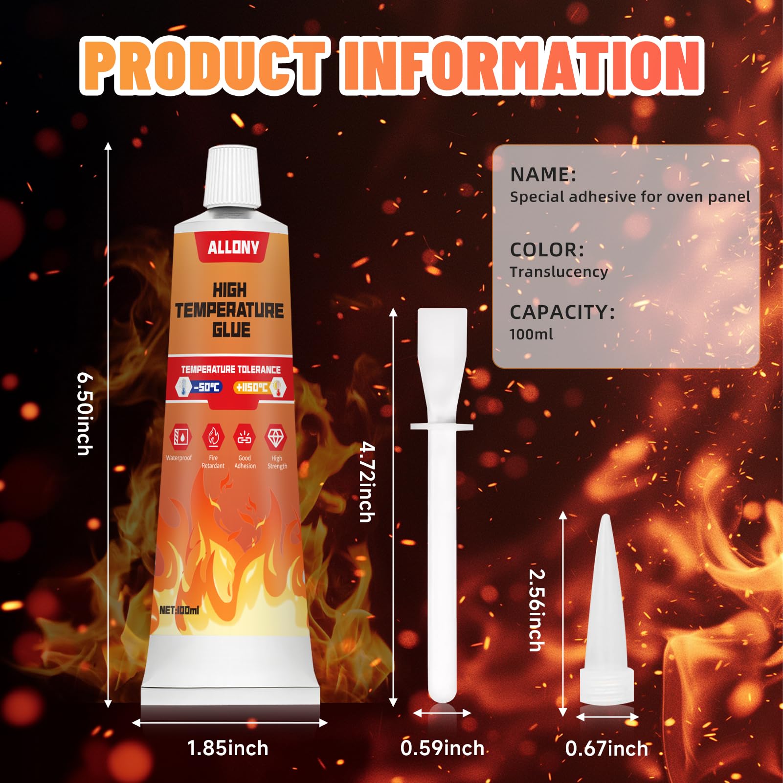 Allony 100ml Colla Alte Temperature, Silicone per Alte Temperature, Sigillante Alte Temperature, Adesivo Resistente al Calore Fino a 1000°C, Adatto Alle Come Forno, Fornelli, Ripiani
