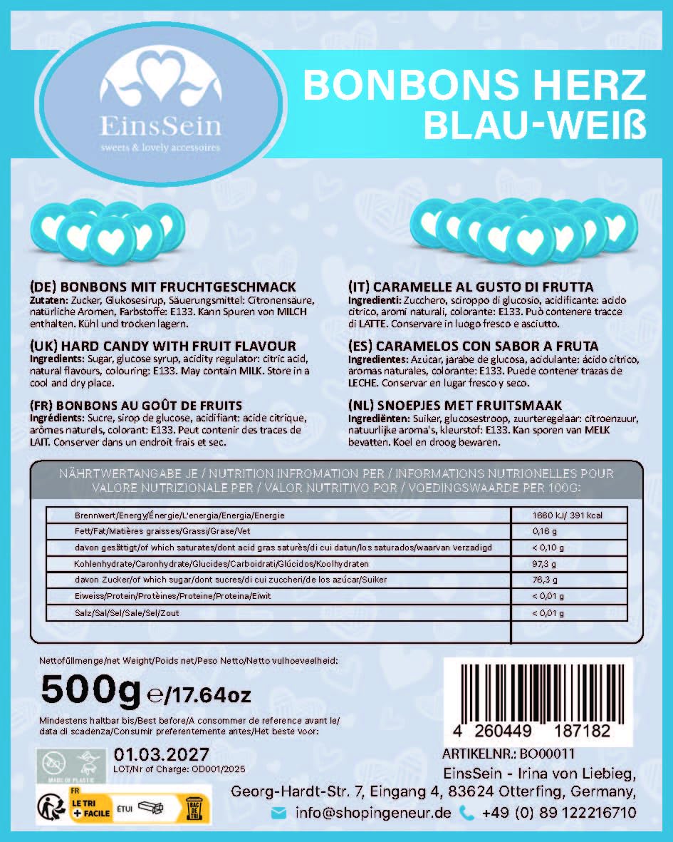 EinsSein Herzbonbons blau-hellblau-weiß 5kg | Handgemachte Rocks Bonbons | Süßigkeiten & Gastgeschenke für Kindergeburtstag Taufe Kommunion Konfirmation bayrische Hochzeit | Mitgebsel für Jungen