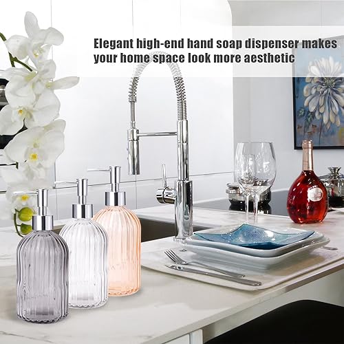 Miniatura 6 de RETON Juego de 3 dispensadores de jabón de vidrio, 14 onzas transparentes con bomba de plástico a prueba de óxido, dispensador de mano líquido