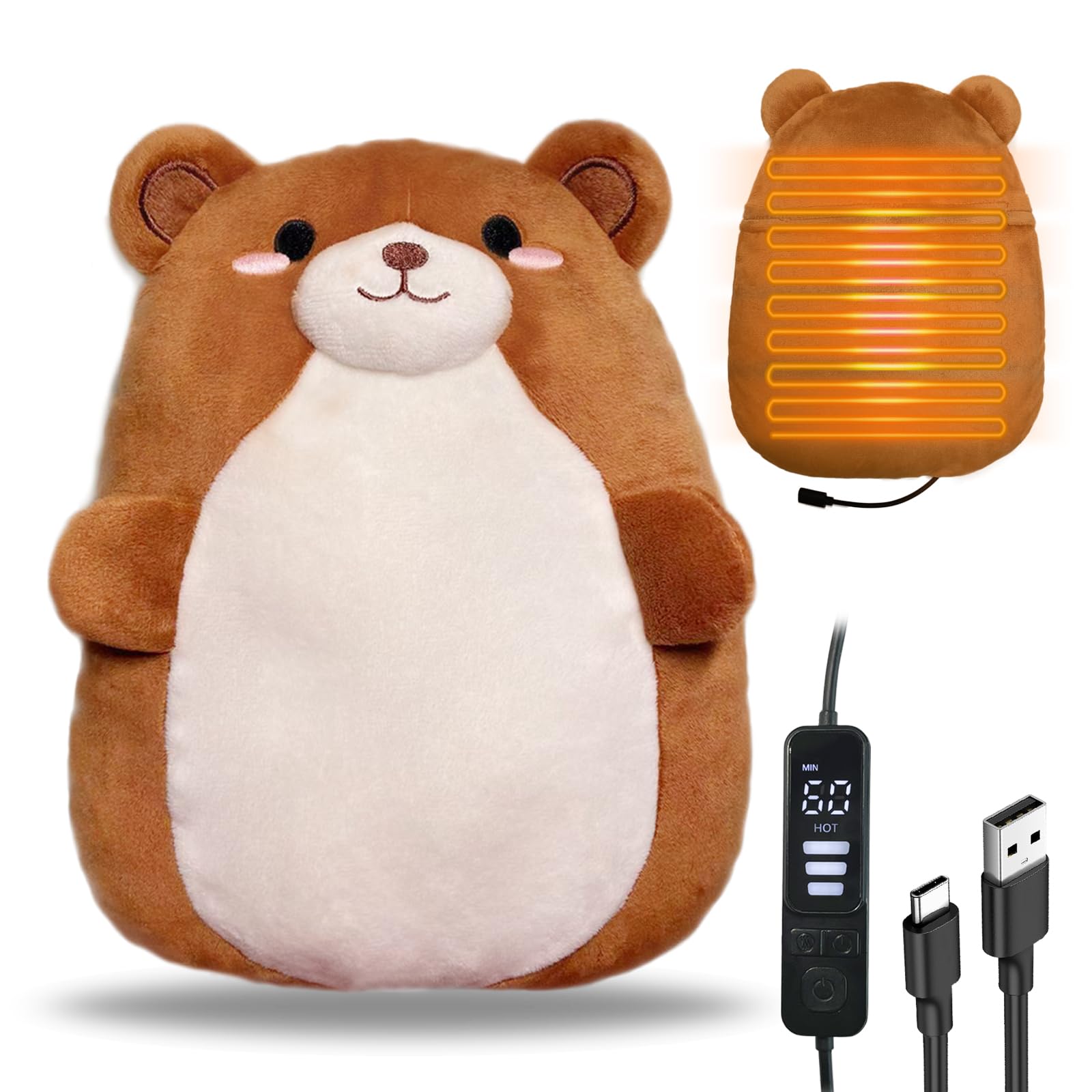 Bear - Almohadilla térmica eléctrica USB para calambres menstruales y alivio del dolor, bonita almohadilla de calor eléctrica USB de felpa para espalda, cuello, hombros, dolor menstrual, regalo