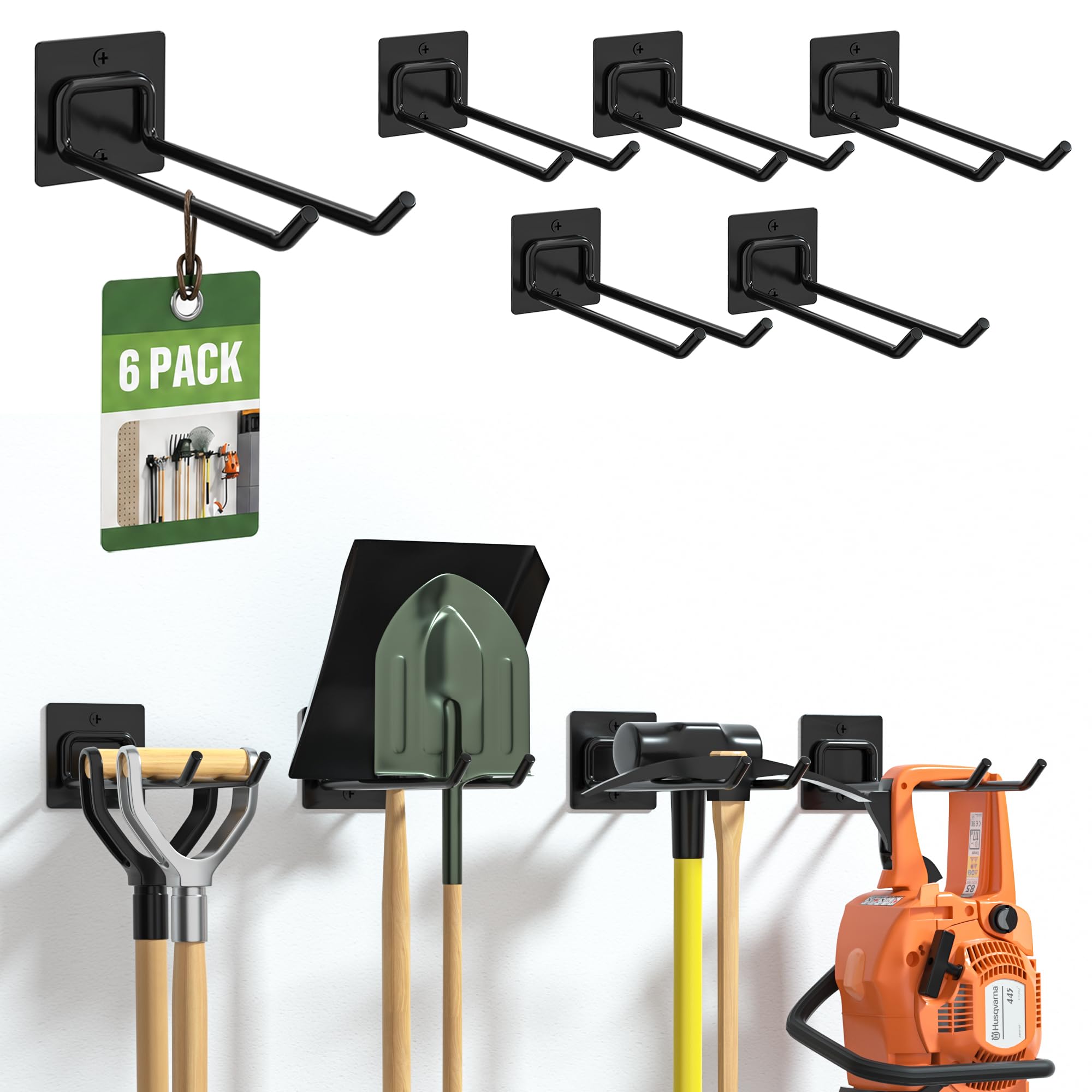 Urban Deco Metal Garden Tool Storage Hooks Heavy Duty, 6 Pack Wall-Mounted Garage Hook Rack for Shed & Workshop, Tool Organiser Holder for Shovel, Rake, Broom, Space Saving