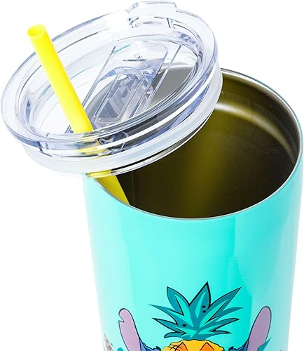 Miniatura 4 de Silver Buffalo Lilo and Stitch Ohana Means Family Pineapple - Vaso de acero inoxidable de doble pared de 22 onzas con popote