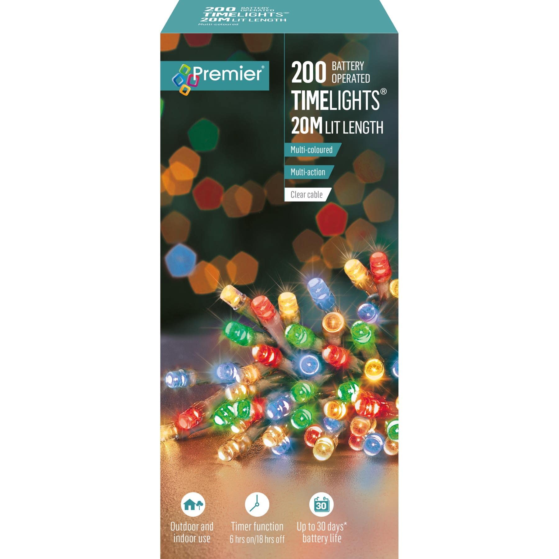 Premier Multicoloured 200 Timelights Battery Operated 20M Clear Cable Multi Action String Lights - Multi-Coloured