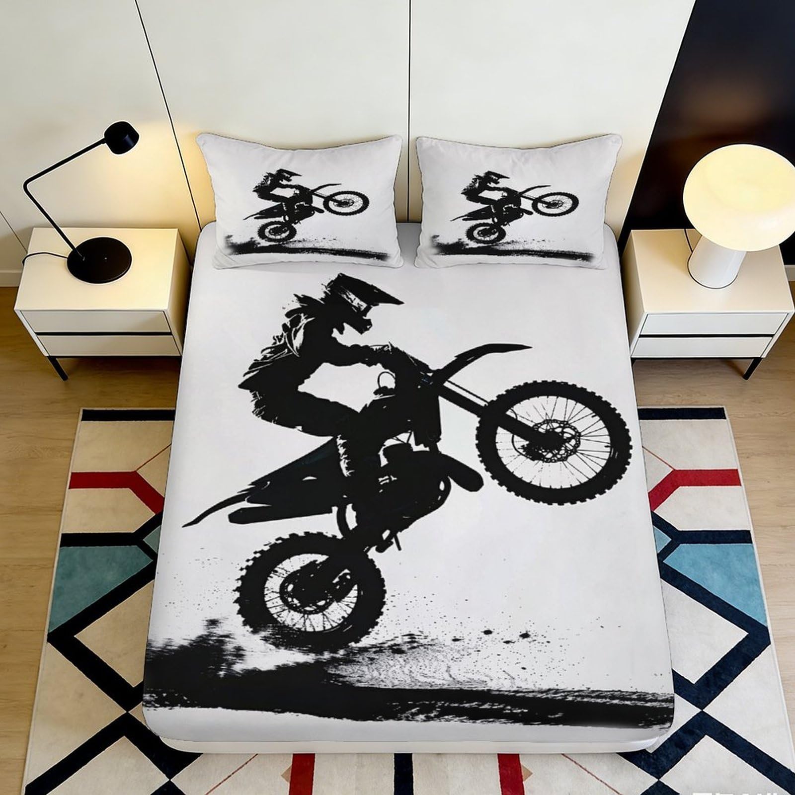 3D Printed Motocross Rider Fitted Sheet Microfiber Soft Black White Dirt Bike Bed Cover for Bedroom Guest Room 90x200x25cm