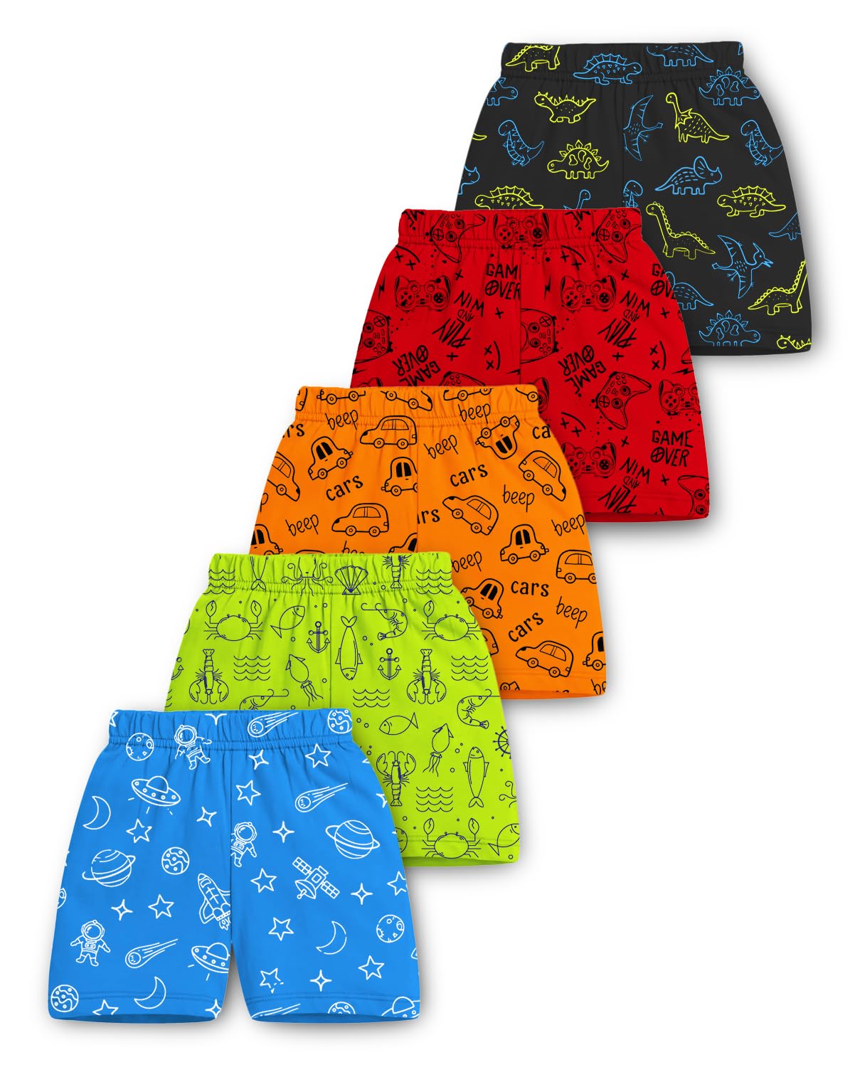 Trampoline Kids Pack of 5 All Over Printed Shorts | Boys & Girls Multicolor Elastic Waist Cotton Shorts | Casual Summer We...