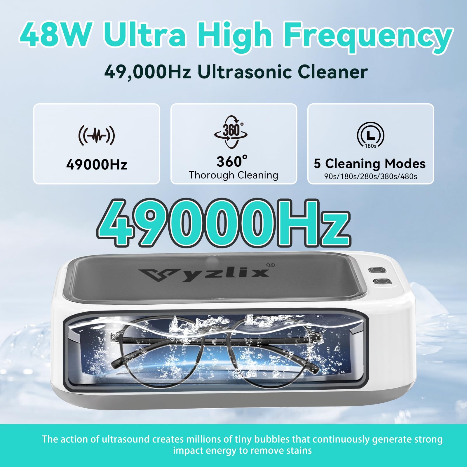 HyAdierTech Ultrasone brillenreiniger, 49 kHz, 600 ml, 4 modi, digitale timer