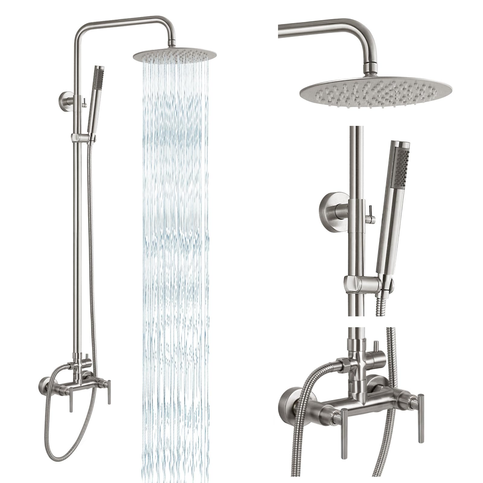 gotonovo Outdoor Shower Fixtures SUS304 Stainless Steel Rain Shower Kit Faucet High Pressure Wall Mount 2 Dual Function 8 Inch Showerhead and Handheld Spray Combo, Double Lever Handle, Brushed Nickel