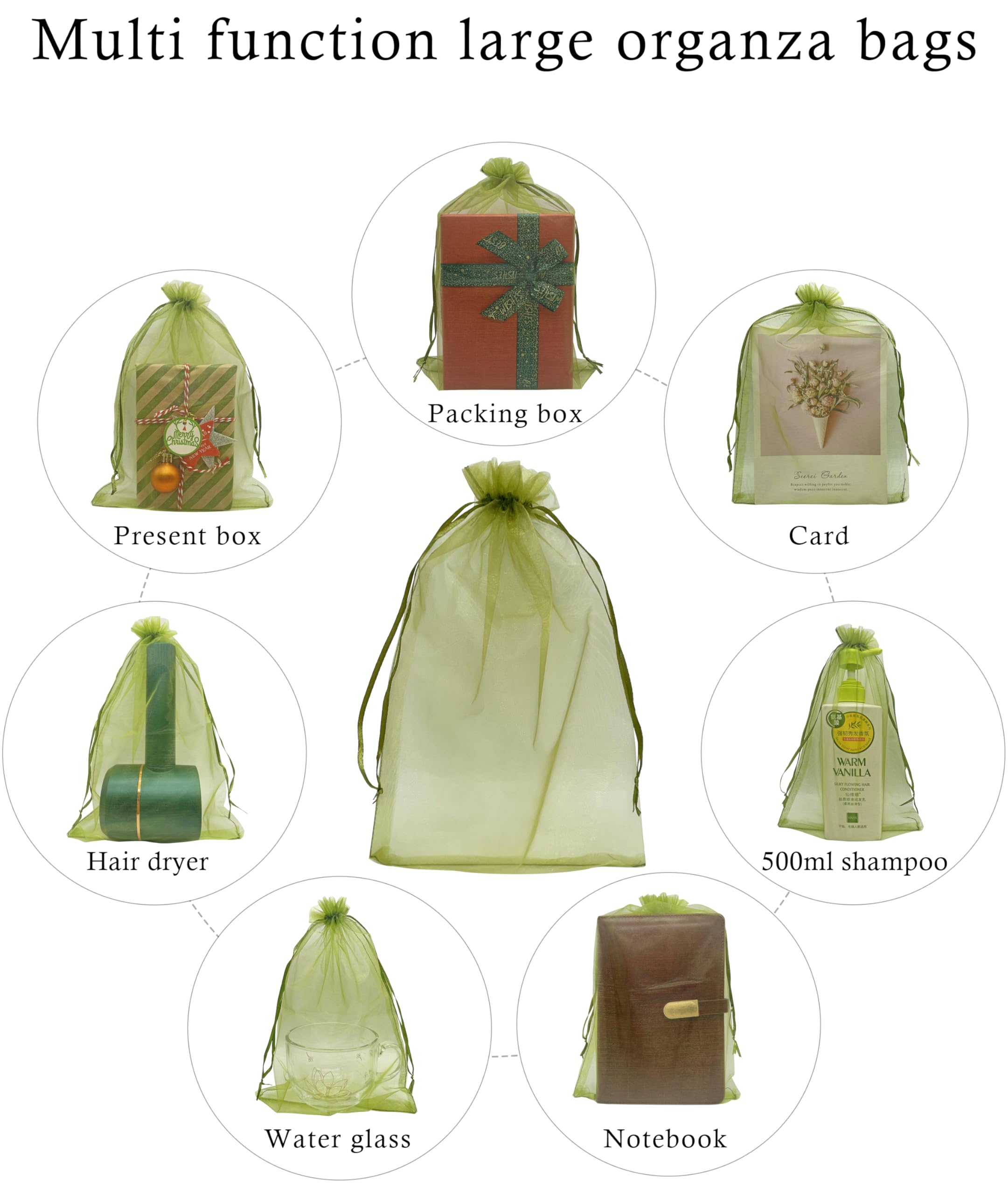 Jexila Paquete de 50 bolsas de regalo de organza transparente verde oliva de 8 x 12 pulgadas, bolsa de regalo grande de malla con cordón para regalo del día de San Patricio, bolsas de dulces