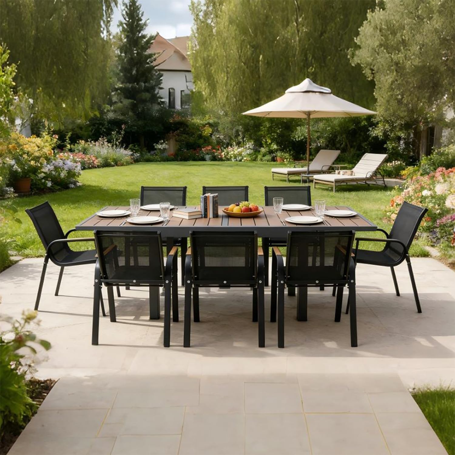 Concepto de fábrica mesa de jardín extensible Nido aluminio y madera 8 plazas | PASO DE 90 A 180 CM RÁPIDO: Bandeja eucalipto certificada FSC, estructura ligera anticorrosión