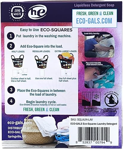 Miniatura 3 de Eco-Gals Eco-Squares Hojas de detergente para ropa fórmula suave con tecnología de jabón seco cero residuos para limpiar ropa y ropa en lavadoras