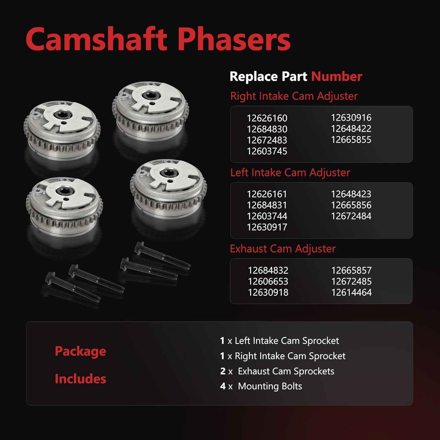 HYR Intake & Exhaust Engine Camshaft Phaser VVT Sprocket Gear Fit for Chevy GMC Cadillac & Buick Models - Equinox Impala Traverse Camaro Terrain ATS Enclave Allure, V6 3.0L 3.6L, # 12626160, 12626161