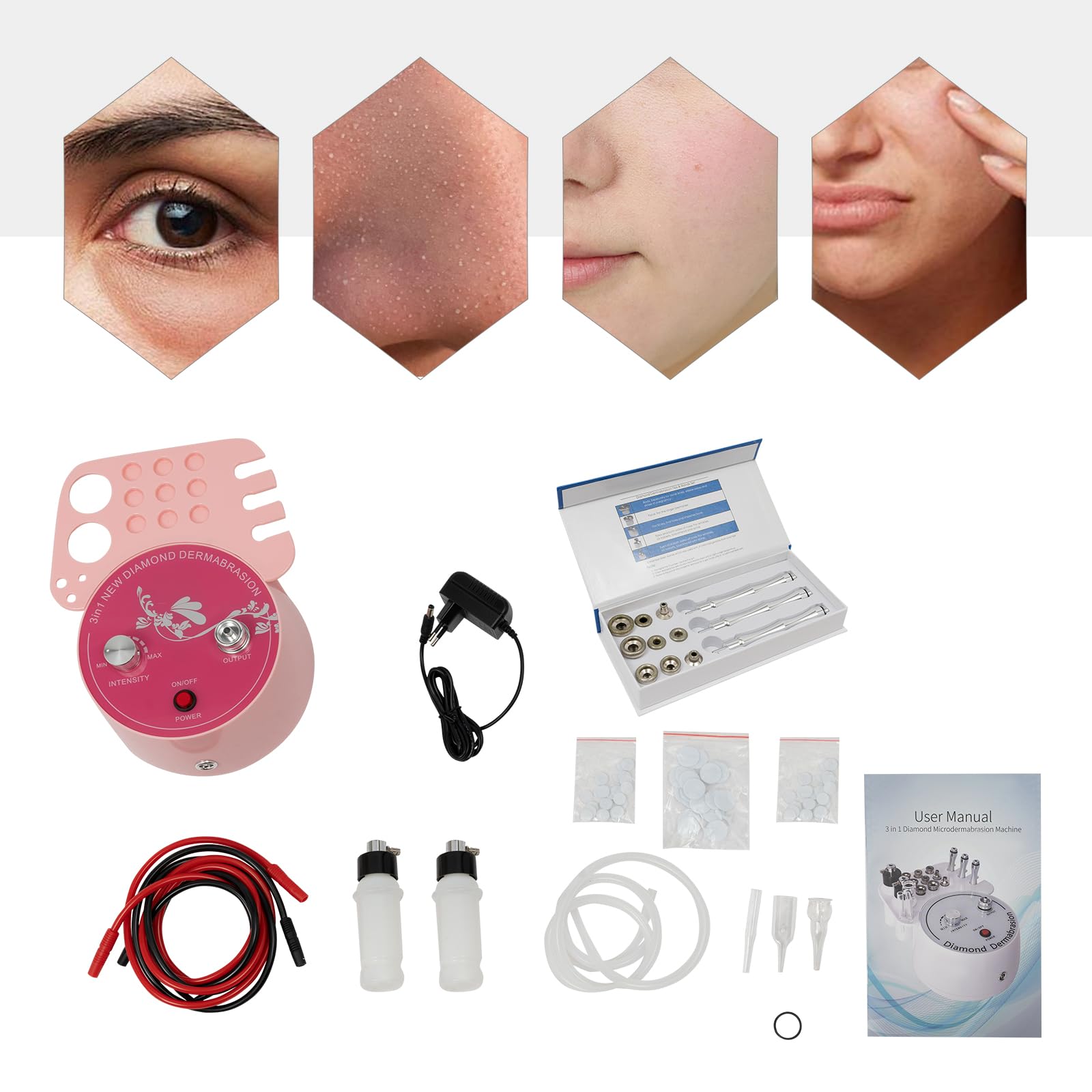 Microdermoabrasione diamantata 3 in 1, macchina professionale per la cura della pelle con vuoto e spray, 9 punte diamantate e potenza di aspirazione regolabile 0-45 cmHg, rimozione dei punti neri e