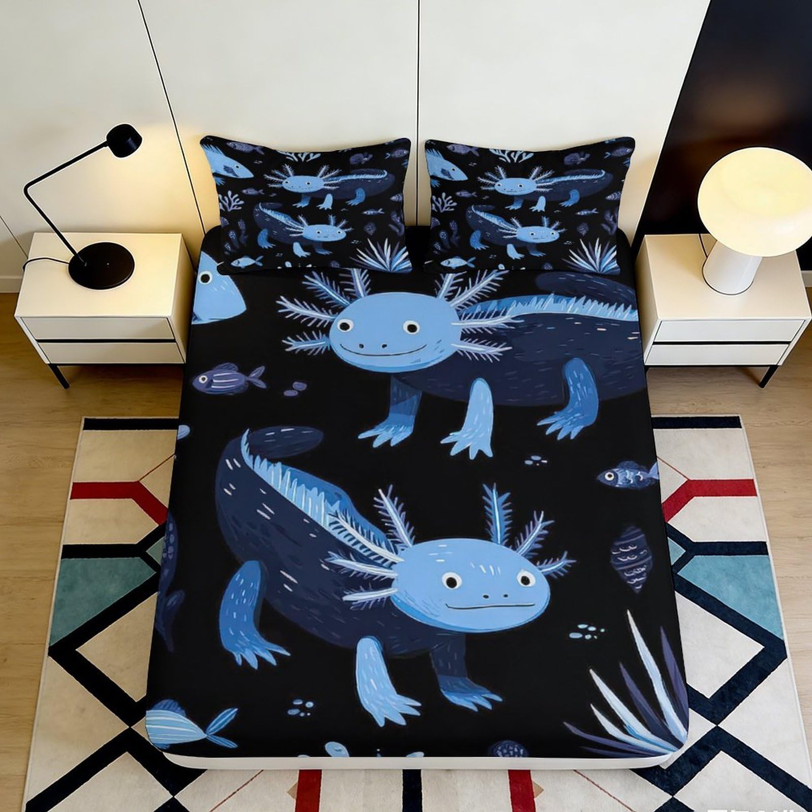3D Printed Blue Axolotl Fitted Sheet Microfiber Soft Breathable Cartoon Salamander Mattress Cover Bedroom Dorm Protection Decor 90x200x25cm