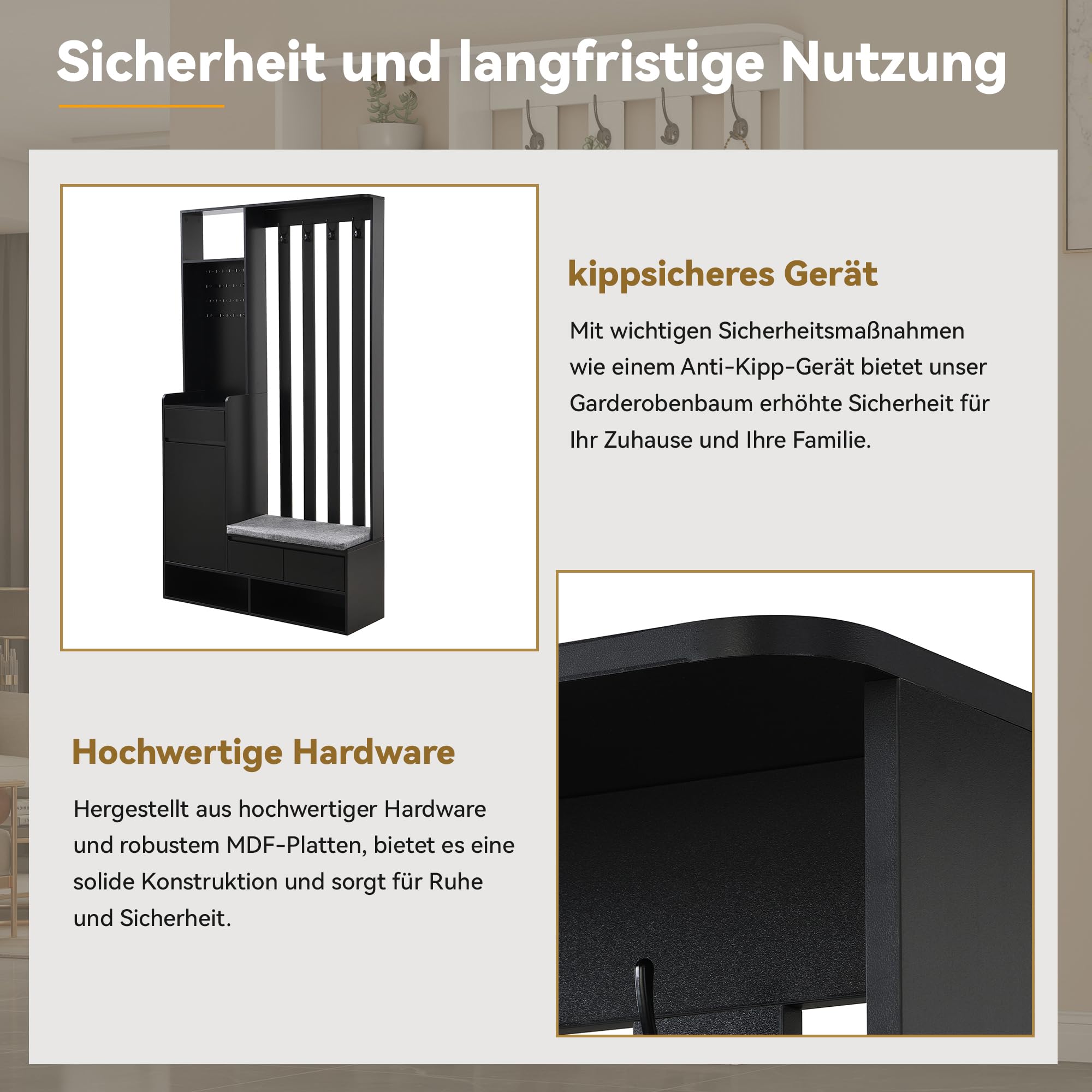 sogesfurniture Garderobe Set mit 4 Kleiderhaken, Schuhbank mit Kissen, 2 Schubladen, Schuhschrank mit Stecktafel, Schwarz